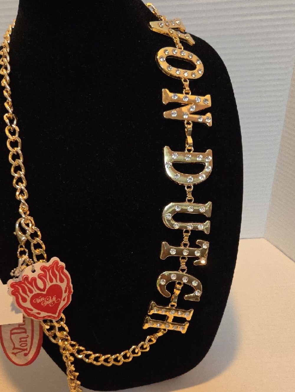 Von Dutch Gold-Tone Crystal Letter Pendant Chain Belt - Picture 3 of 7